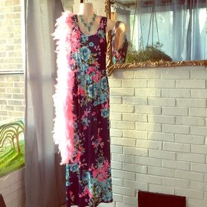 Racer back blue pink floral sleeveless cruise fun pull on long SEXY maxi dress S